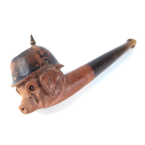 852 - A World War I French carved walnut and horn propaganda caricature smoking pipe, modelled as a pig we... 