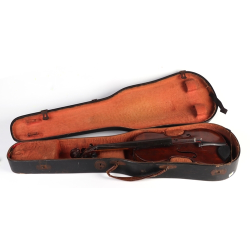 862 - A one-piece back violin in a wooden case, 54cms long.