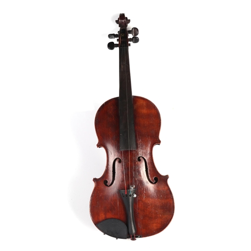 862 - A one-piece back violin in a wooden case, 54cms long.