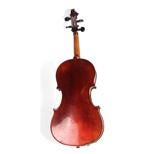 862 - A one-piece back violin in a wooden case, 54cms long.