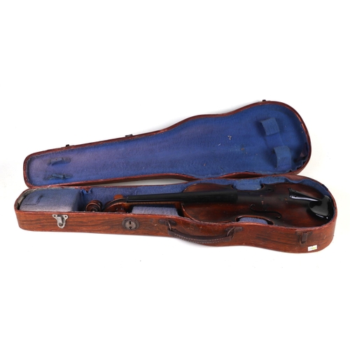 863 - A two-piece back Stradivarius copy violin, 59cms long, in a painted grained case.