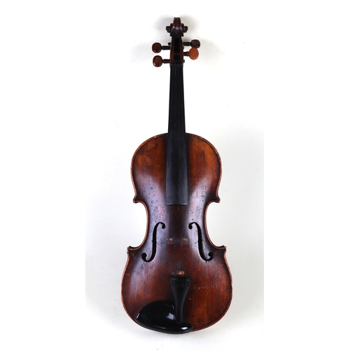 863 - A two-piece back Stradivarius copy violin, 59cms long, in a painted grained case.