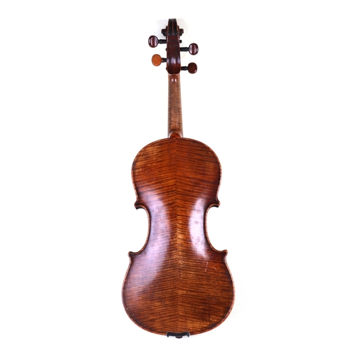 863 - A two-piece back Stradivarius copy violin, 59cms long, in a painted grained case.