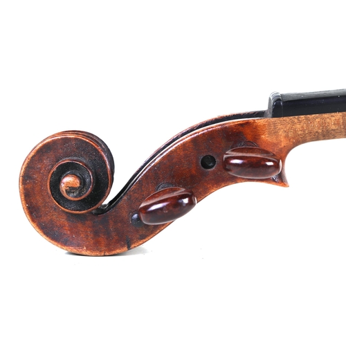 863 - A two-piece back Stradivarius copy violin, 59cms long, in a painted grained case.