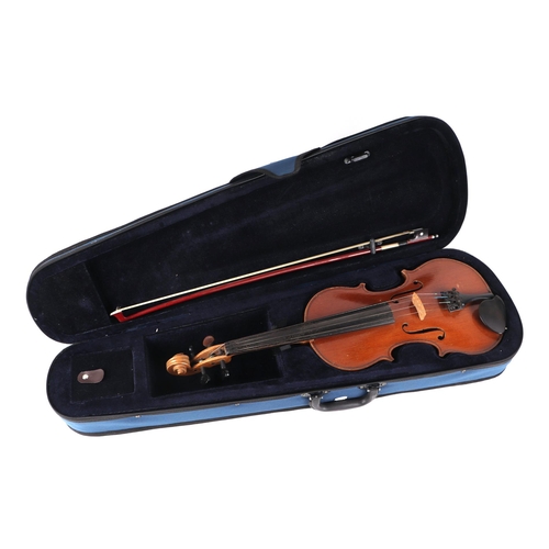 868 - A Remploy two-piece back violin and bow in a modern case, 59cms long.