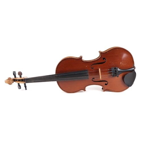 868 - A Remploy two-piece back violin and bow in a modern case, 59cms long.