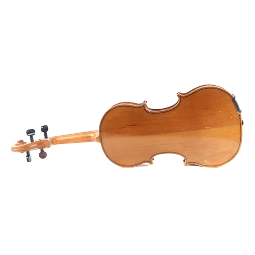 868 - A Remploy two-piece back violin and bow in a modern case, 59cms long.