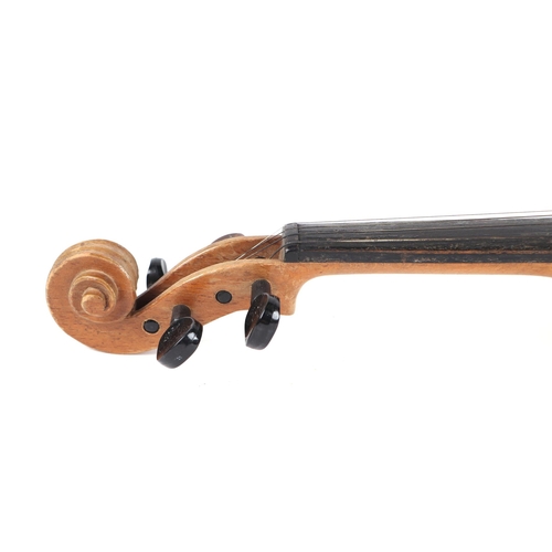 868 - A Remploy two-piece back violin and bow in a modern case, 59cms long.