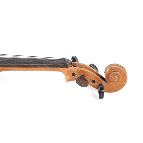 868 - A Remploy two-piece back violin and bow in a modern case, 59cms long.