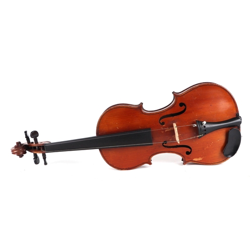 870 - A one-piece back violin and two bows, 55cms long, in a pine case .