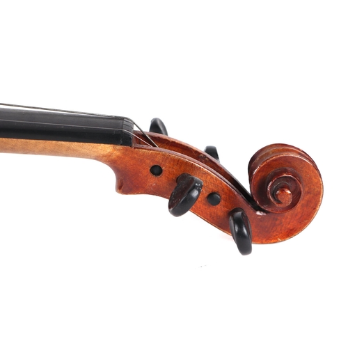 870 - A one-piece back violin and two bows, 55cms long, in a pine case .