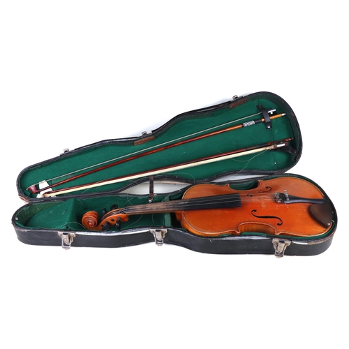 871 - A two-piece back violin and two bows, cased, 59cms long.