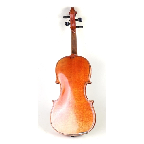 871 - A two-piece back violin and two bows, cased, 59cms long.