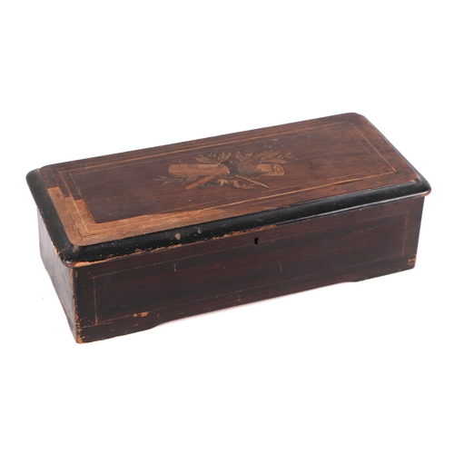 874 - A late 19th century lever arm cylinder music box in a rosewood veneer case, the lid with inlaid deco... 