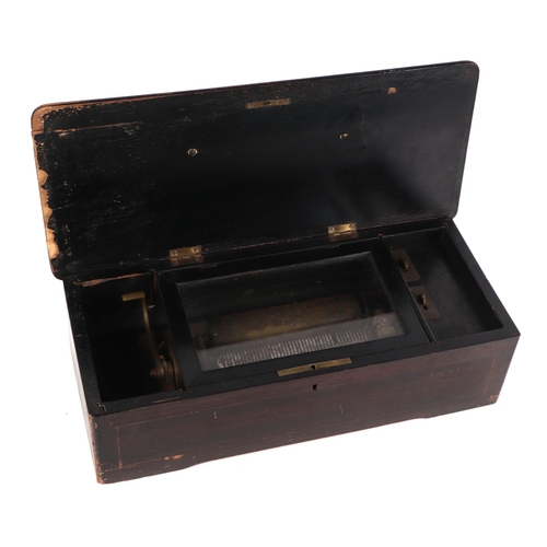 874 - A late 19th century lever arm cylinder music box in a rosewood veneer case, the lid with inlaid deco... 