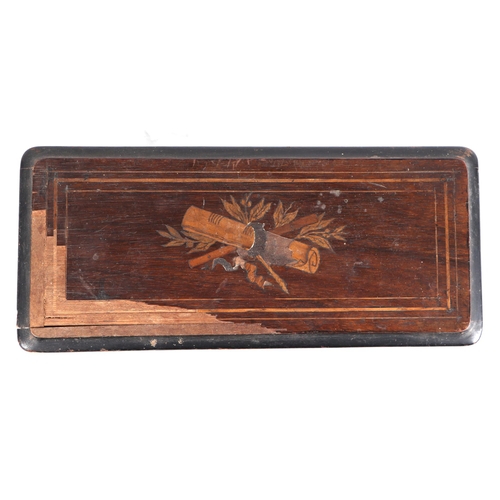 874 - A late 19th century lever arm cylinder music box in a rosewood veneer case, the lid with inlaid deco... 