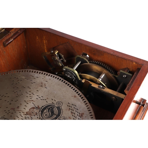 876 - A 19th century Morpheus Polyphon in a walnut case, 46cms wide; together with six discs each 29.5cms ... 