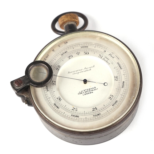 888 - A surveying aneroid compensated pocket barometer, by J H Steward, 8cm diameter.