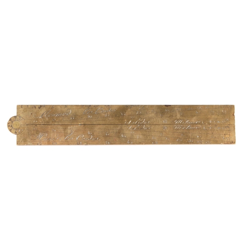 889 - An 18th century French brass sector signed Meurand, 17.5cm long.