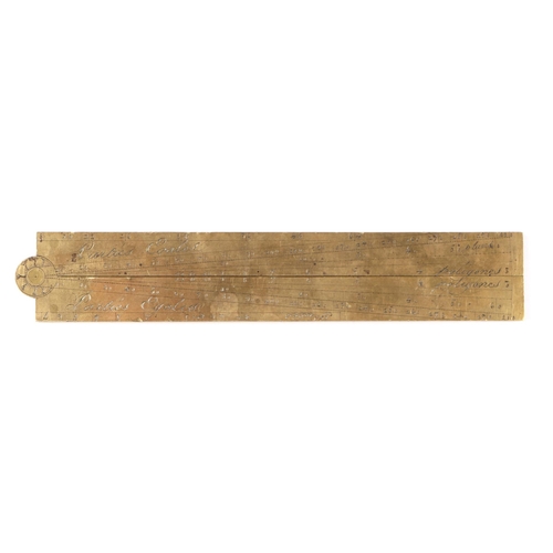 889 - An 18th century French brass sector signed Meurand, 17.5cm long.