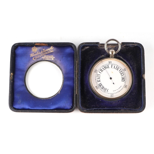 891 - A late 19th / early 20th century nickel cased pocket barometer, cased, 6.5cms diameter.