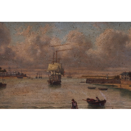 919 - J Kennedy, (19th  Century School), Ship in the harbour with figures in the foreground, signed lower ... 