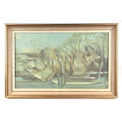 920 - Bedix, Woodland scene, titled 'figure in a landscape', signed and dated '85 to verso, tempera on boa... 