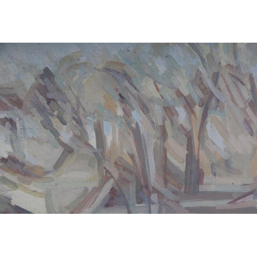 920 - Bedix, Woodland scene, titled 'figure in a landscape', signed and dated '85 to verso, tempera on boa... 