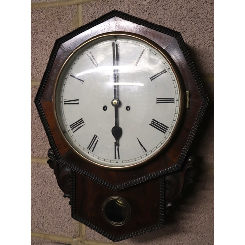 1689 - A late 19th century American Chauncey Gerome rosewood cased drop-dial wall clock, the white painted ... 