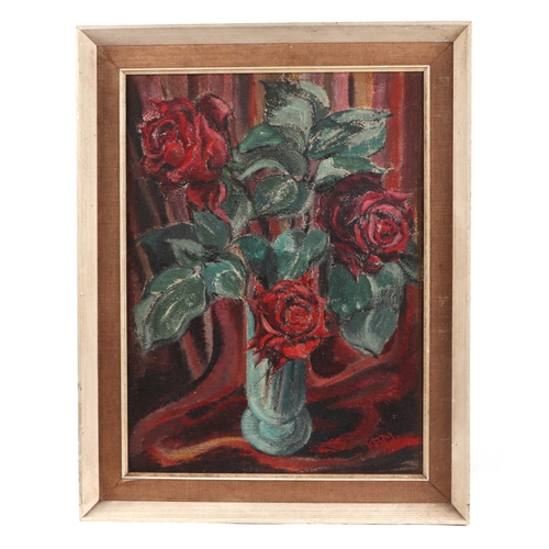 1520 - Kenneth B Malpass, still life roses in a vase, initialled lower right corner, and dated 1968 to vers... 