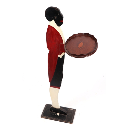 2018 - A novelty Georgian style painted wooden footman holding a calling card tray, 85cms high.