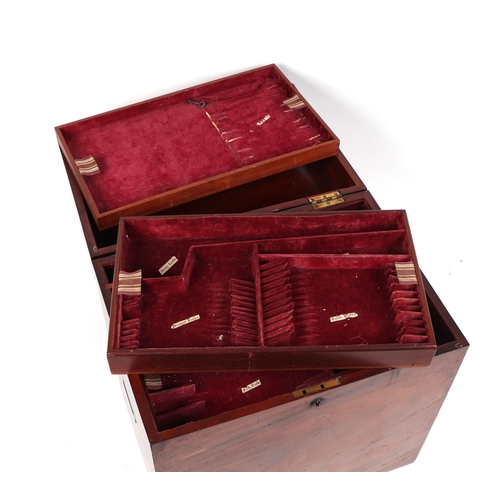 268 - A Georgian figured mahogany silver box with recessed brass carry handles and five internal lift-out ... 