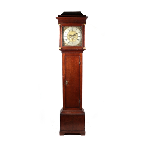 1077 - A longcase clock with 30cm square brass dial and silvered chapter ring with Roman and Arabic numeral... 