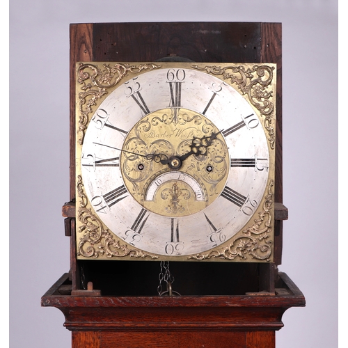 1077 - A longcase clock with 30cm square brass dial and silvered chapter ring with Roman and Arabic numeral... 