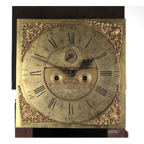 1078 - A longcase clock with 30cms square brass dial, the chapter ring with Roman and Arabic numerals, with... 