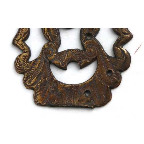 330 - A late 18th / early 19th century engraved brass lock plate with original key and associated hinges; ... 