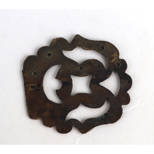 330 - A late 18th / early 19th century engraved brass lock plate with original key and associated hinges; ... 