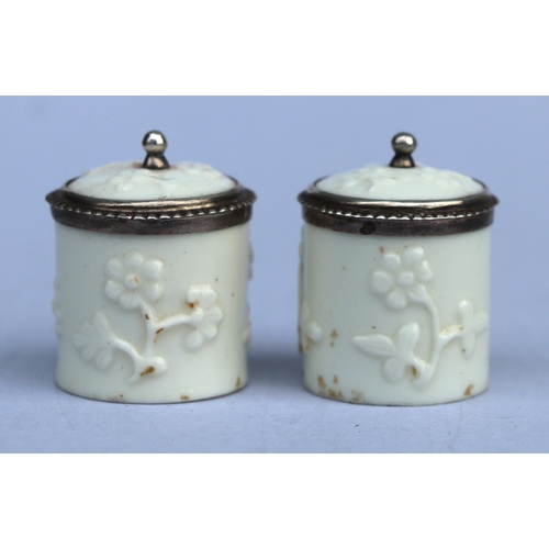 1397 - A pair of 18th century French Saint Cloud porcelain silver mounted miniature tobacco jars and covers... 