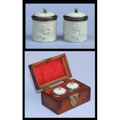 1397 - A pair of 18th century French Saint Cloud porcelain silver mounted miniature tobacco jars and covers... 