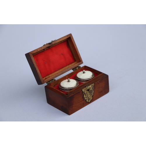 1397 - A pair of 18th century French Saint Cloud porcelain silver mounted miniature tobacco jars and covers... 