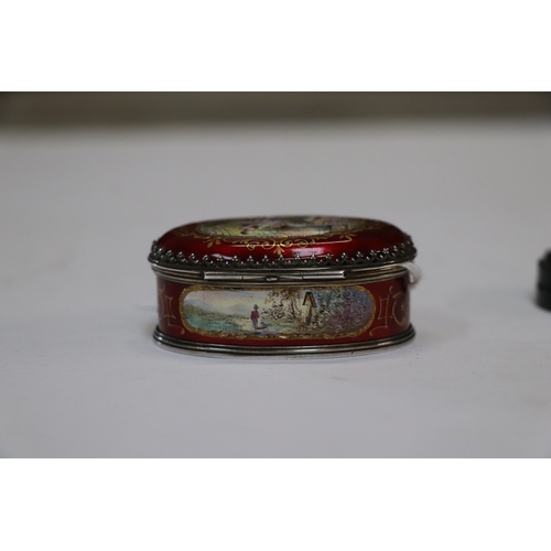 1567 - A continental (Austrian) oval enamel box decorated with figures and landscapes within panels with gi... 