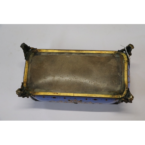 1574 - A 19th century French enamel and ormolu mounted trinket box with blue ground and jewelling, the top ... 