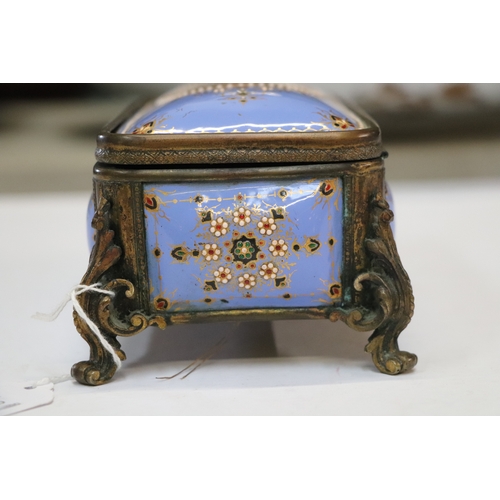 1574 - A 19th century French enamel and ormolu mounted trinket box with blue ground and jewelling, the top ... 