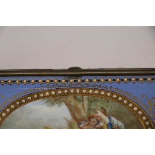 1574 - A 19th century French enamel and ormolu mounted trinket box with blue ground and jewelling, the top ... 