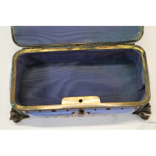 1574 - A 19th century French enamel and ormolu mounted trinket box with blue ground and jewelling, the top ... 