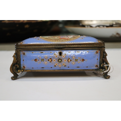 1574 - A 19th century French enamel and ormolu mounted trinket box with blue ground and jewelling, the top ... 