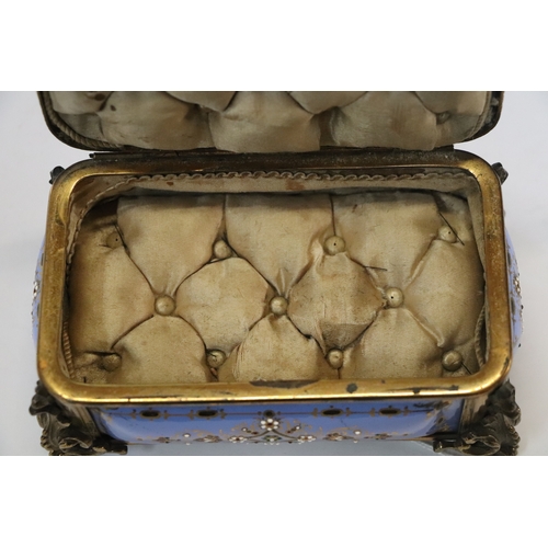 1575 - A 19th century French enamel and ormolu mounted trinket box with blue ground and jewelling, the top ... 