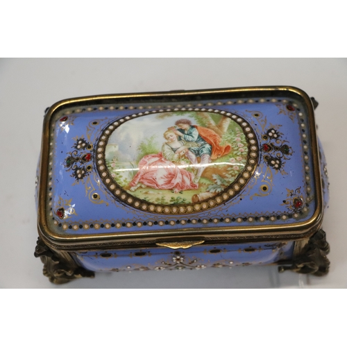 1575 - A 19th century French enamel and ormolu mounted trinket box with blue ground and jewelling, the top ... 