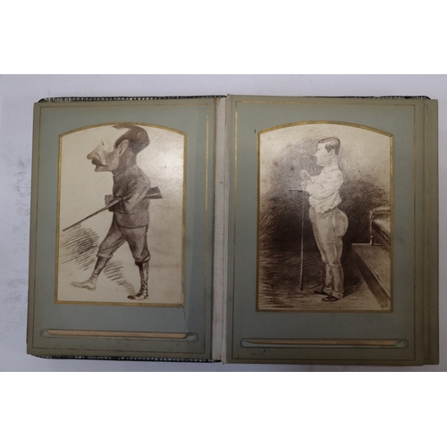 750 - A late Victorian Indian photograph album containing photographic postcards depicting caricatures of ... 