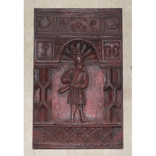 301 - A pair of 17th century style figural panels, one depicting a courting couple, the other a piper, 31c... 